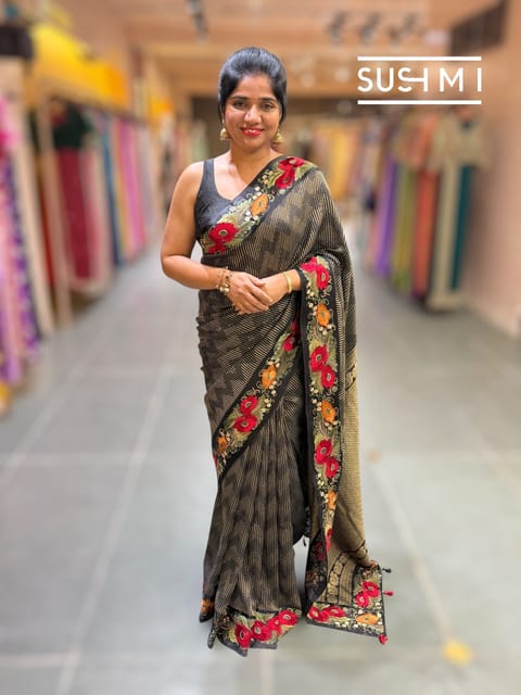Black Mysore Silk Saree with Embroidered Border