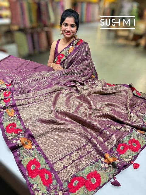 Wine Mysore Silk with Embroidered Border S62f062