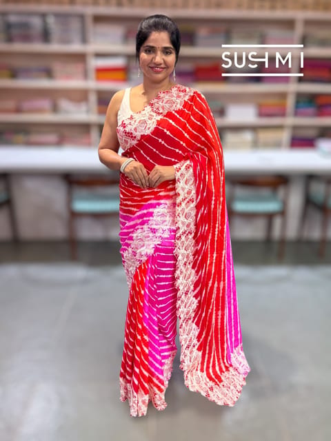 Orange and Pink Ombre Dyed Habutai Satin Silk Lehariya Saree S62f063