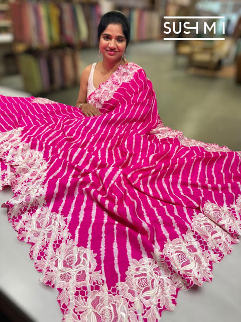 Fuchsia Pink Habutai Satin Silk Lehariya Saree