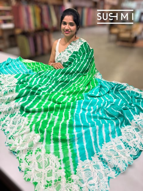 Green Ombre Dyed Habutai Satin Silk Lehariya Saree