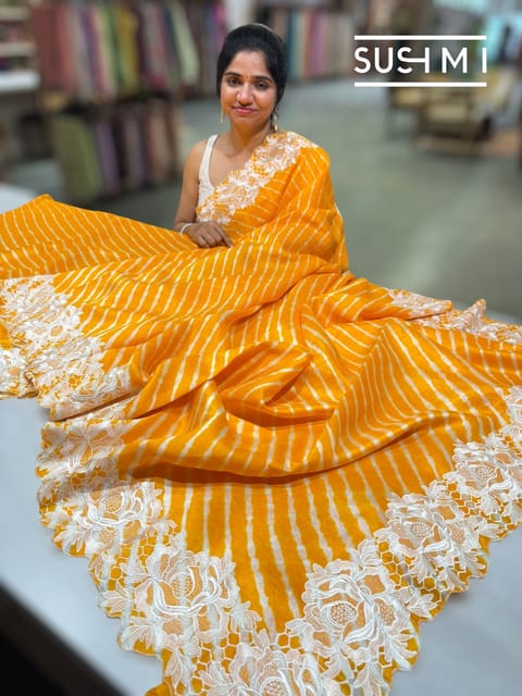 Marigold Orange Habutai Silk Lehariya Saree