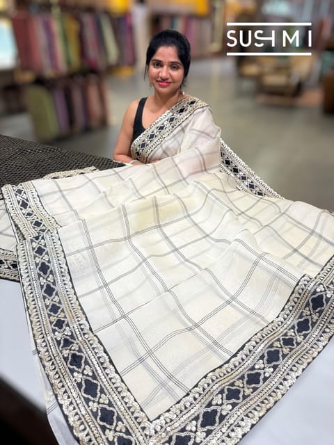 Ivory Checks Organza Saree with Statement Borders