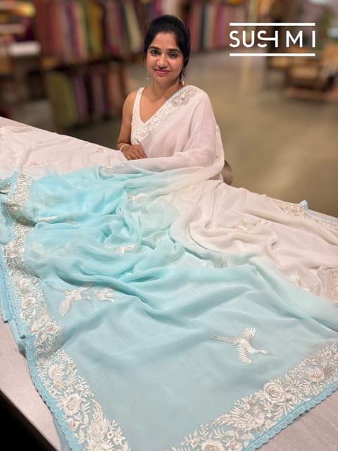 Pastel Blue Ombre Dyed Pure Chiffon Saree with Parsigara Embroidery