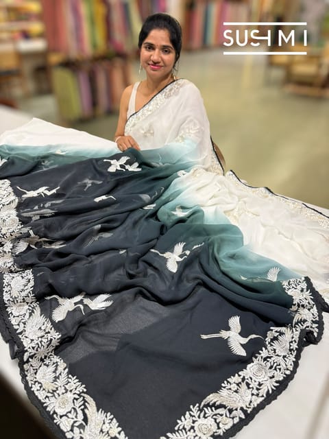 Black Ombre Dyed Chiffon Saree with Parsigara Embroidery