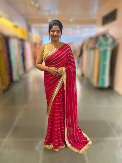 Dark Pink Georgette Saree with Badla Sequence Stripes