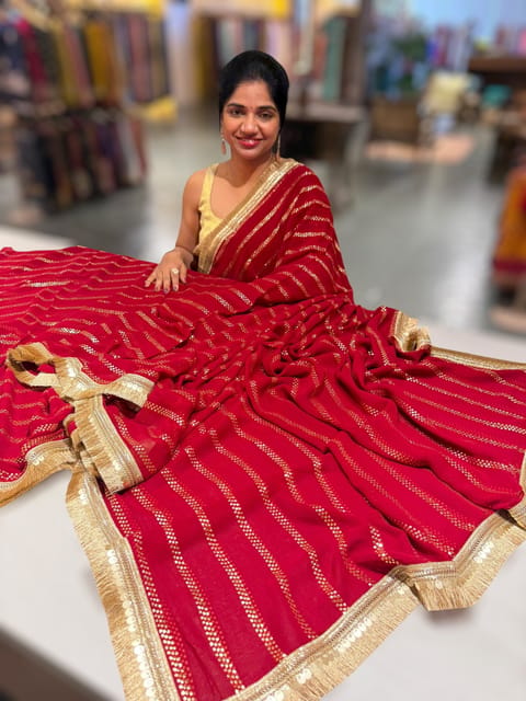 Dark Red Georgette Saree with Badla Sequnce Stripes: S62f074
