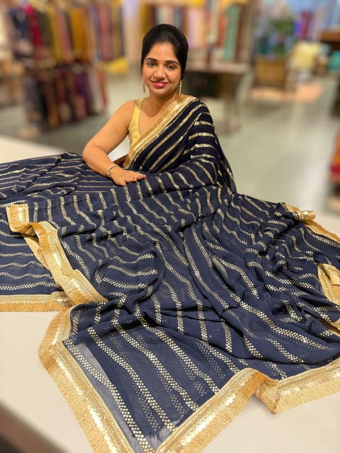 Navy Blue Georgette Saree with Badla Sequence Stripes