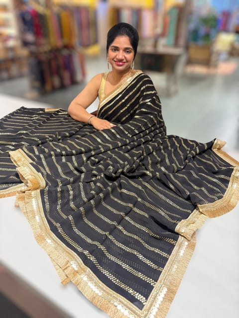 Black Georgette Saree with Badla Stripes