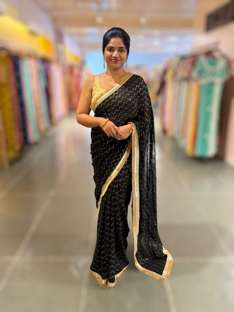 Black Georgette Saree with Zigzag Pattern Badla Sequence