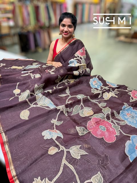 Brown Organza Saree with Tissue Applique Work