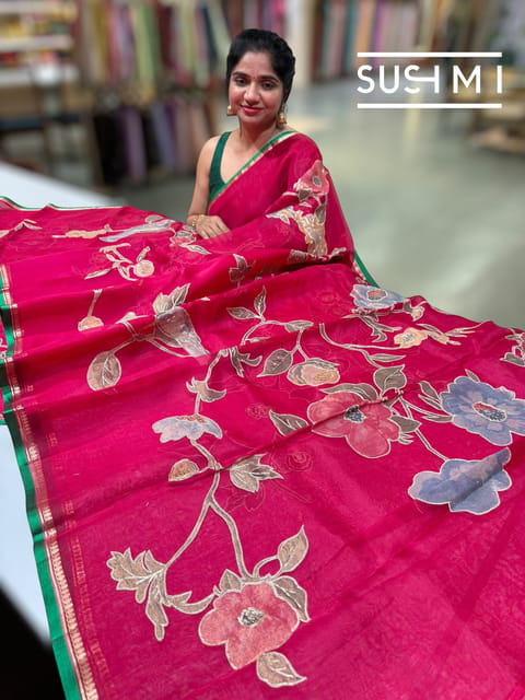 Ruby Pink Organza Saree with Floral Tissue Applique