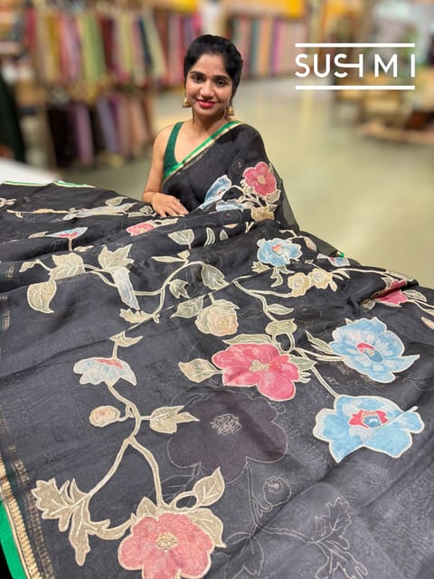 Black Organza Saree with Tissue Applique Work