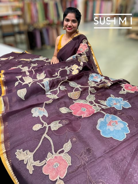 Wine Brown Organza Saree with Tissue Applique Work