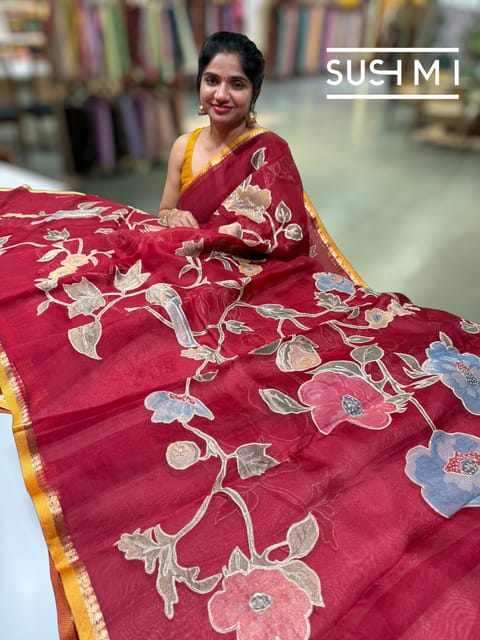 Dark Red Organza Saree with Tissue Applique Work