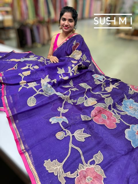 Purple Organza Saree with Tissue Applique Work