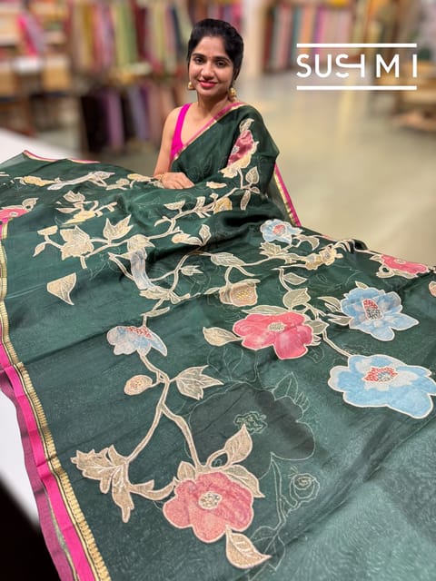 Bottle Green Organza Saree with Tissue Applique Work