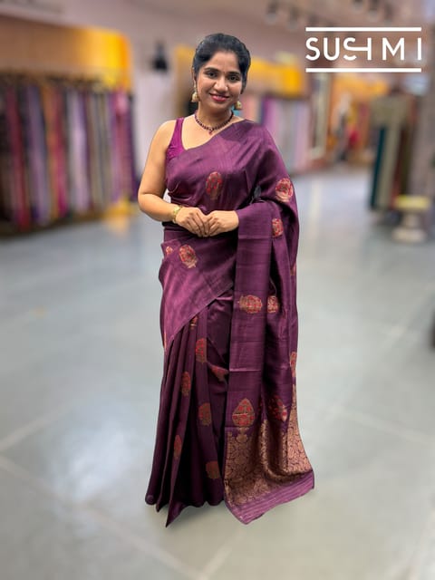 Wine Banarasi Handloom Dupion Rawsilk Saree