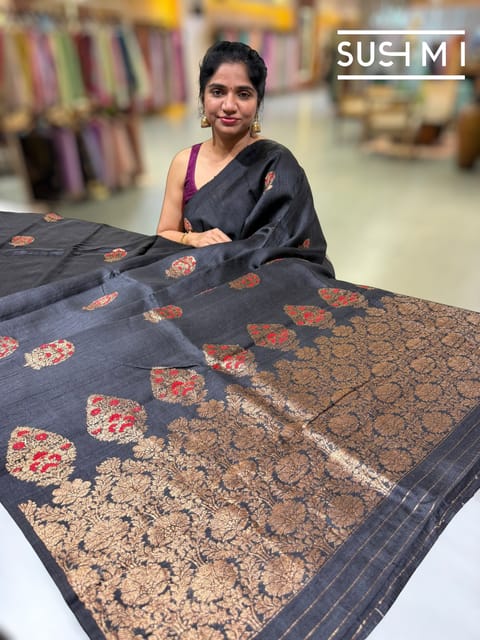 Black Banarasi Dupion Raw Silk Saree
