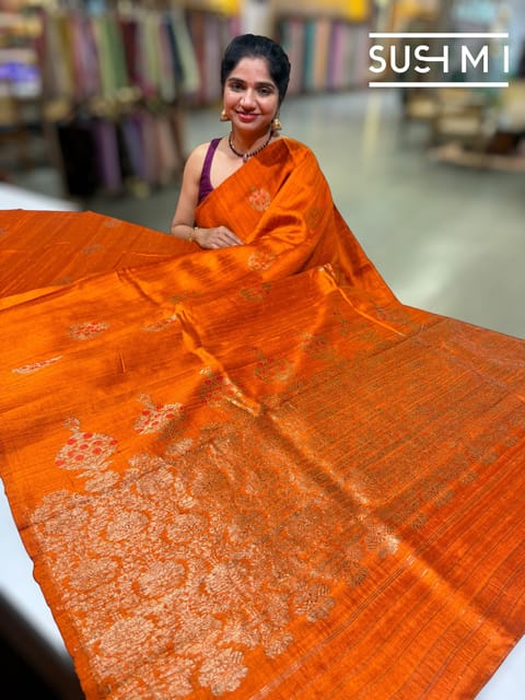 Rust Orange Banarasi Handloom Dupion Rawsilk Saree