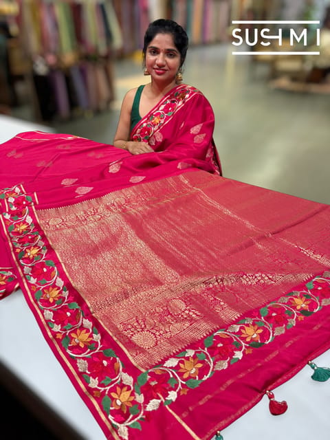 Ruby Pink Mysore Silk with Embroidered Border