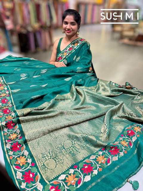 Emerald Green Mysore Silk with Embroidered Border