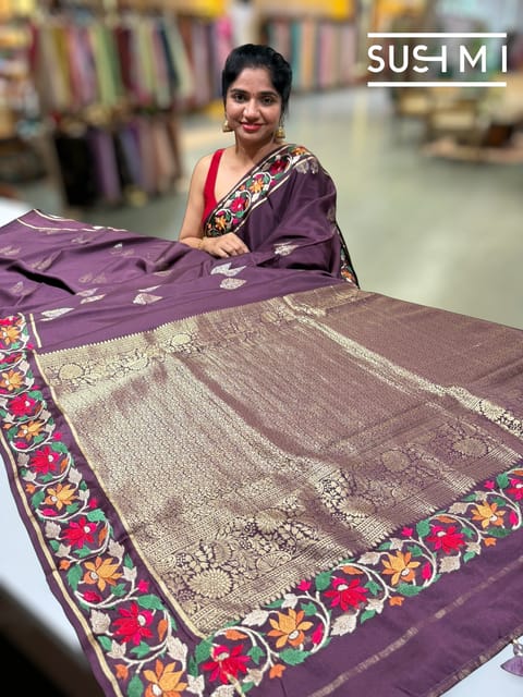 Wine Mysore Silk Saree with Embroidered Border