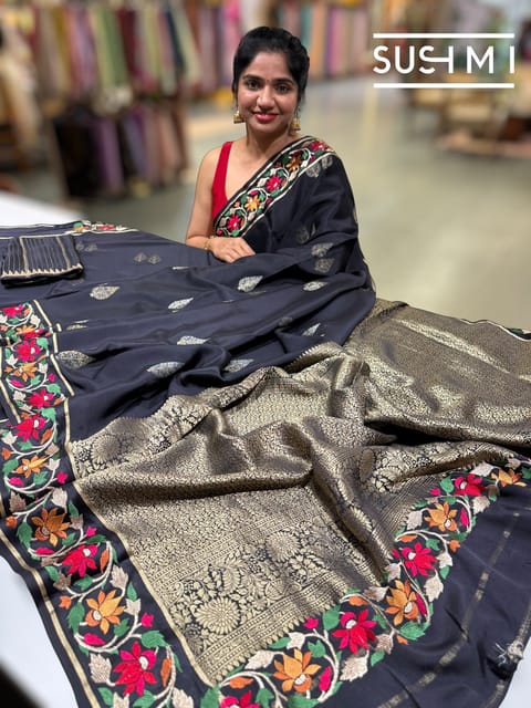Black Mysore Silk with Embroidered Border