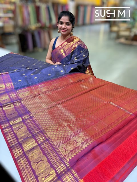 Midnight Blue Vintage Checks Kanjeevaram Saree