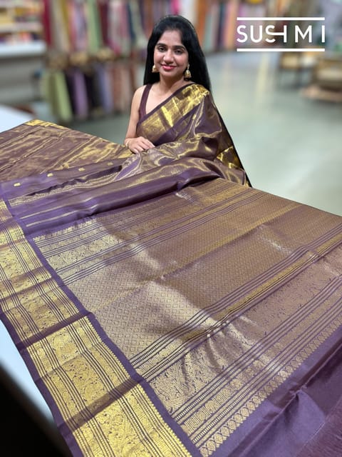 Dark Brown & Violet Vintage Kanjeevaram Saree