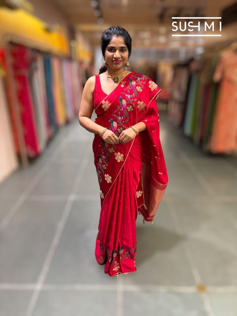 Red Mashru Saree with Embroidery : S62f140