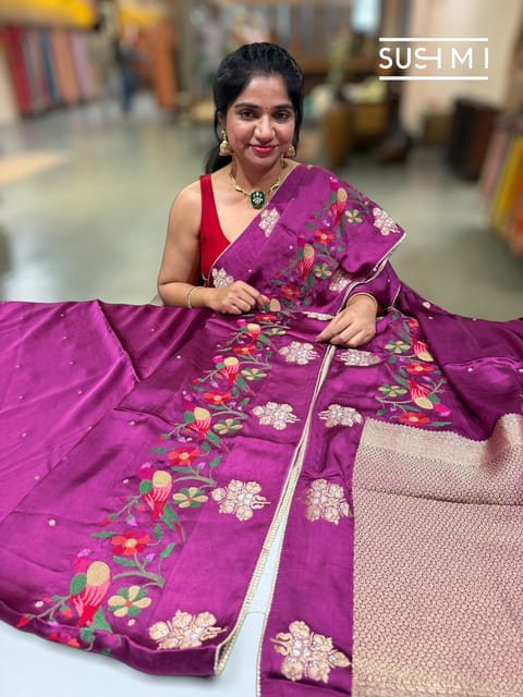 Wine Mashru Saree with Embroidery