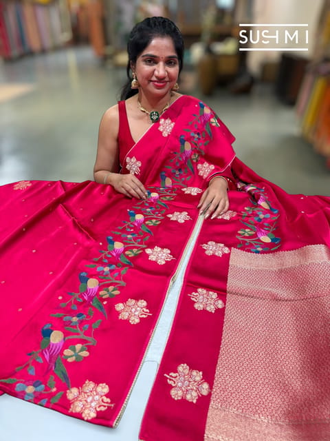 Dark Pink Mashru Saree with Embroidery : S62f143