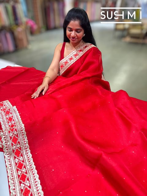 Chilli Red Pure Organza Saree with Sabhya Borders