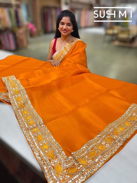 Marigold Orange Organza Saree with Mukesh Work