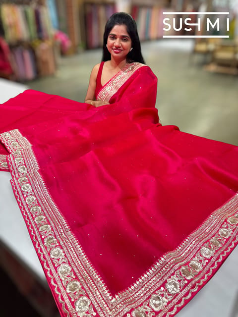 Dark Pink Organza Saree with Embroidered Border