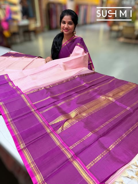 Baby Pink Vintage Checks Gap Border Kanjeevaram Saree