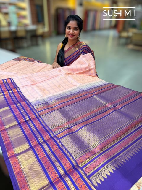 Peach Pink Vintage Kanjeevaram Saree with Checks