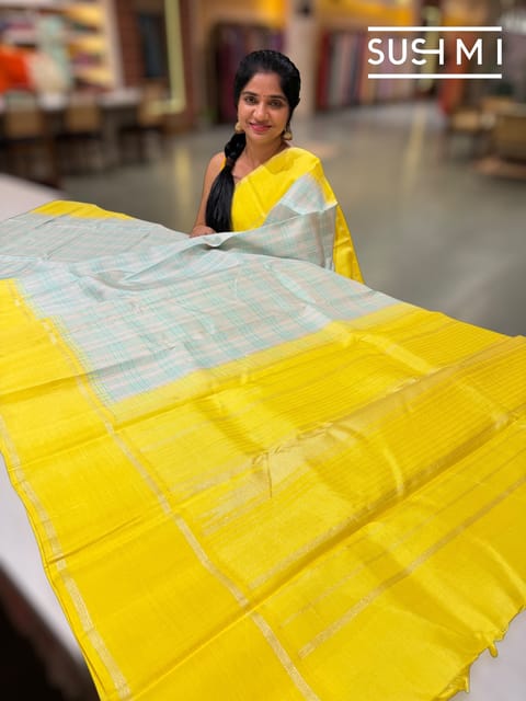 Silverish Tone and Pastel Blue Checks Vintage Kanjeevaram Saree