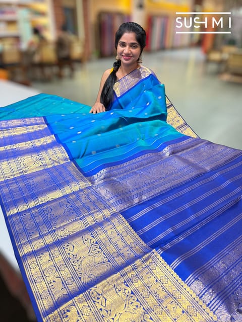 Peacock Blue Vintage Kanjeevaram Saree with Peacock Border