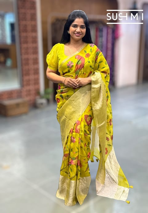 Neon Green Organza Saree with Paithani Embroidery