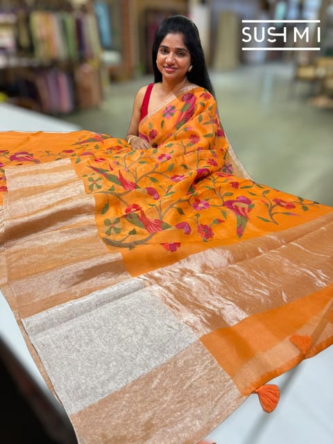 Orange Organza Saree with Paithani Embroidery