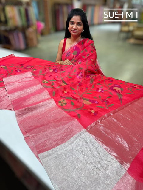Red Pure Organza Saree with Paithani Embroidery