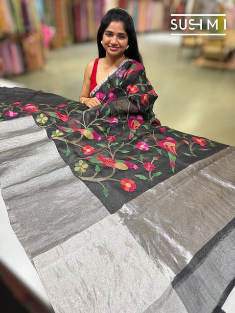 Black Pure Organza Saree with Paithani Embroidery