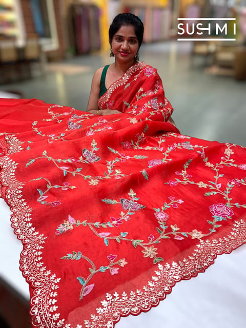 Red Pure Organza Saree with Petite Point Embroidery