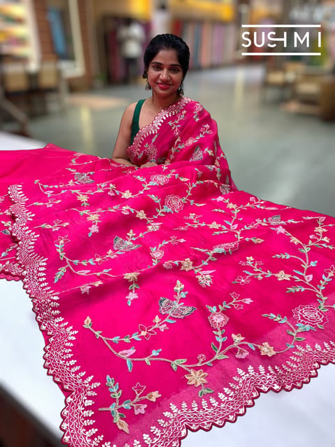 Pink Pure Organza with Petite Point Embroidery: S62f171