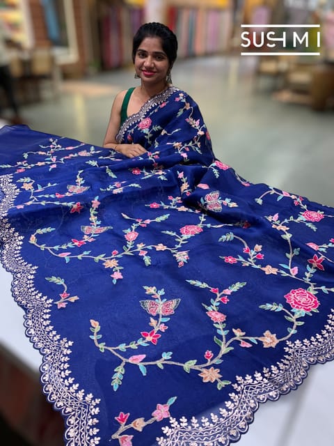 Blue Pure Organza Saree with Petite Point Embroidery