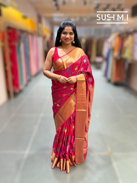 Reddish Pink Kanchi Soft Silk Saree with Embroidery