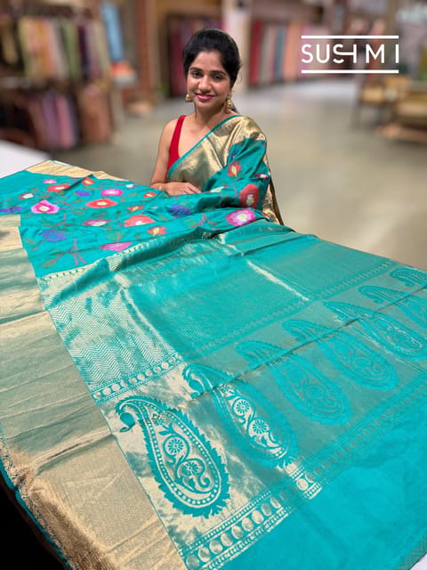 Peacock Blue Kanchi Soft Silk Saree with Embroidery