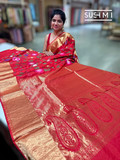 Chilli Red Kanchi Soft Silk Saree with Floral Embroidery